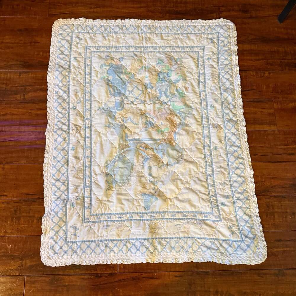 Vintage Quilted Baby Nursery Blanket With Lace Edge